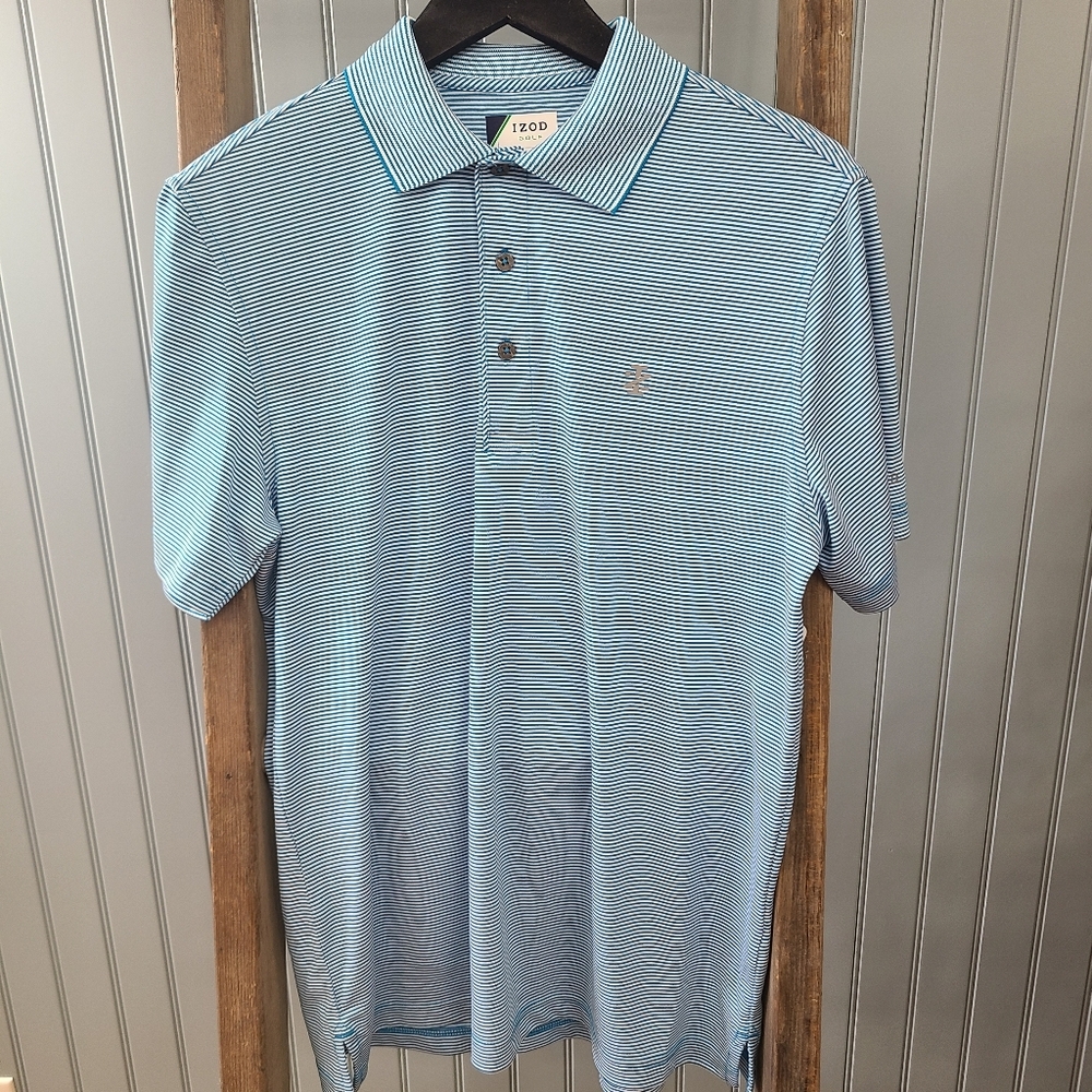 IZOD Golf Blue White Striped Short Sleeve Polo Shirt Size Small